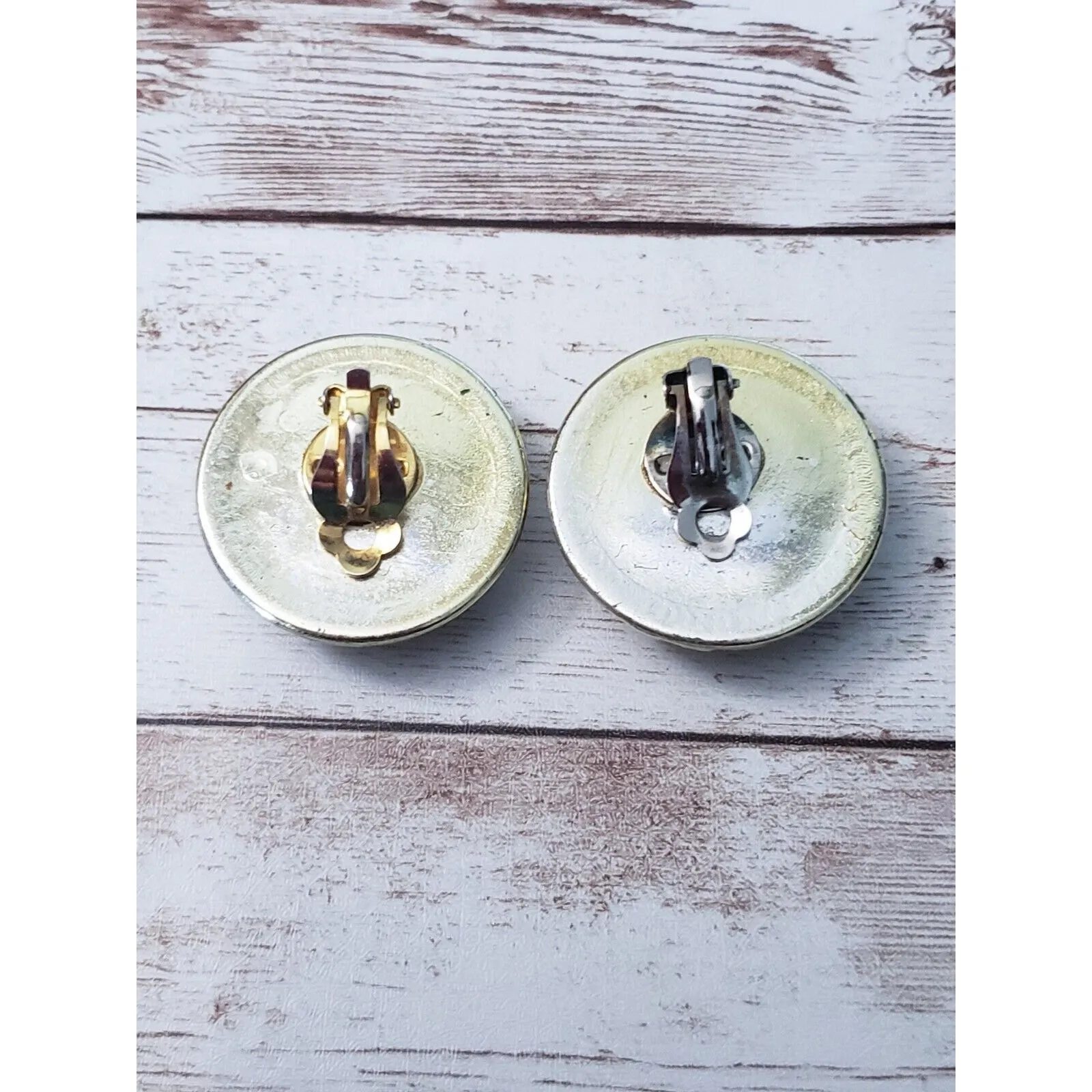 Vintage Clip On Earrings Dark Green Center with Gold Tone Halo Statement - Image 5