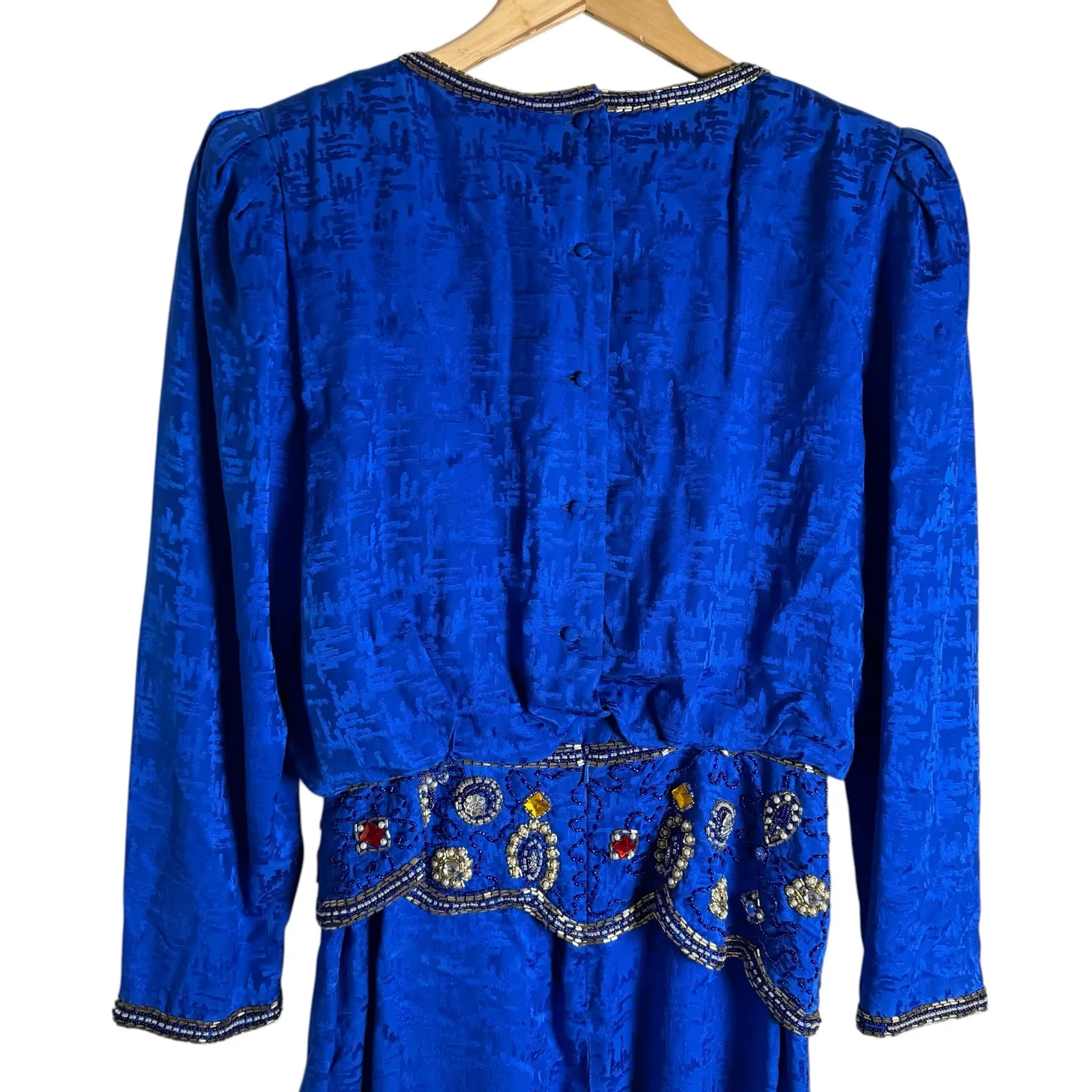 Vintage 80s d’ore Royal Blue Jewel Beaded Silk Jacquard Long Sleeve Dress Size 8 - Image 9