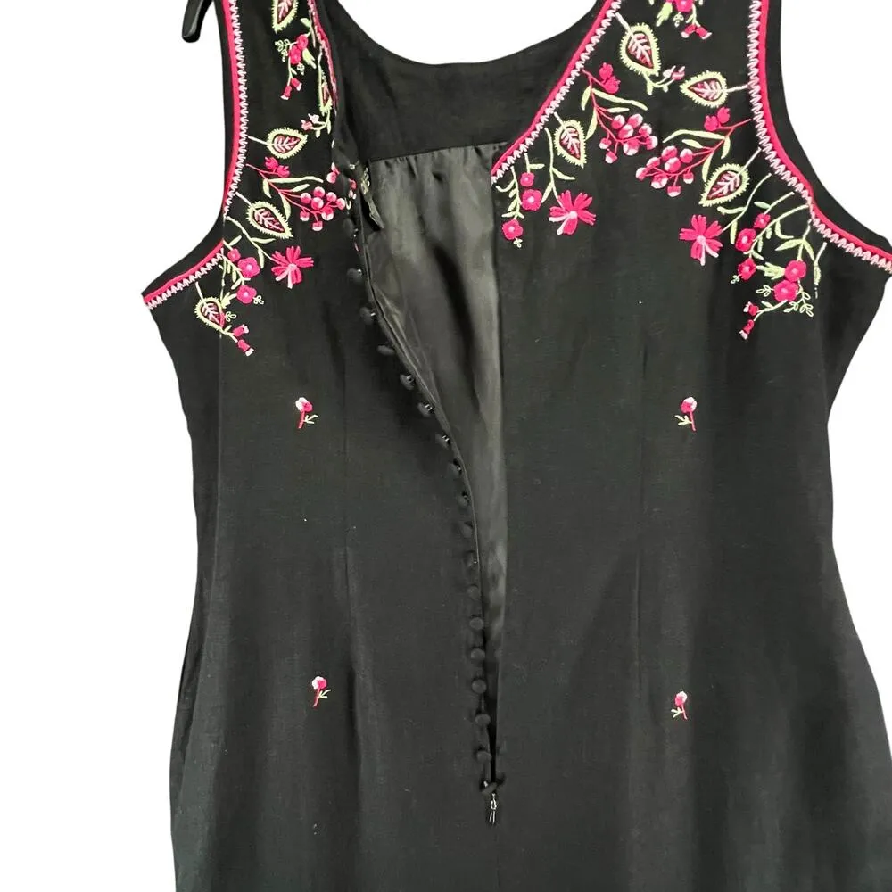 Vintage Citi Dress Womens 16 Black Embroidered Floral Linen Blend Slit Folk Boho - Image 6
