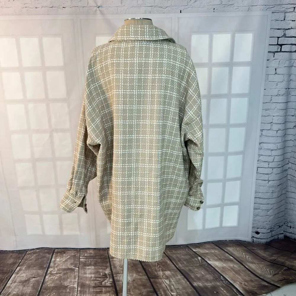 H&M Women's Tan Cream Window Pane Collared Button Down Shacket Size XL - Image 6
