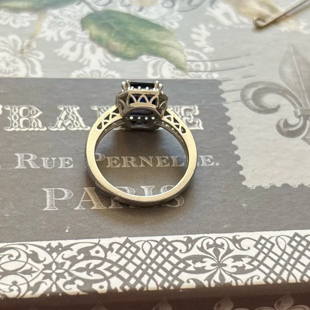 Sterling Silver Ring with Deep Blue lab sapphire and CZ surround - Image 3