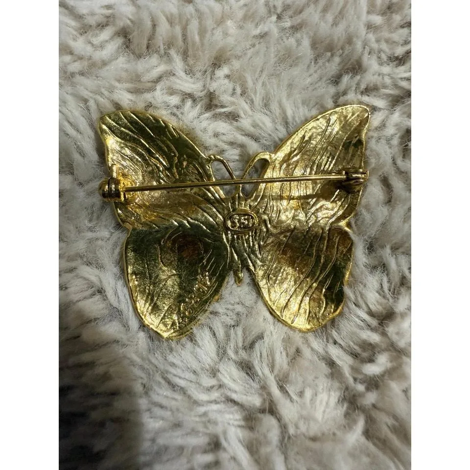 Vintage SFJ Signed Gold Tone Enamel Butterfly Brooch Pin Green Blue Wings - Image 3