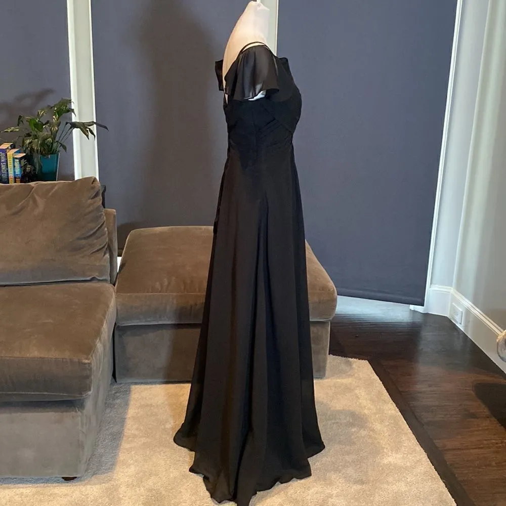 Women’s Black Full Length Cold Shoulder Chiffon Formal Dress Leg Slit Size 8 - Image 5