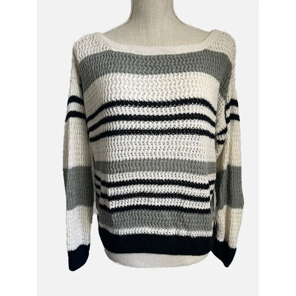 Striped Grey Black Striped Round Neck Loose Knit Sweater Women’s Size Small - Image 2