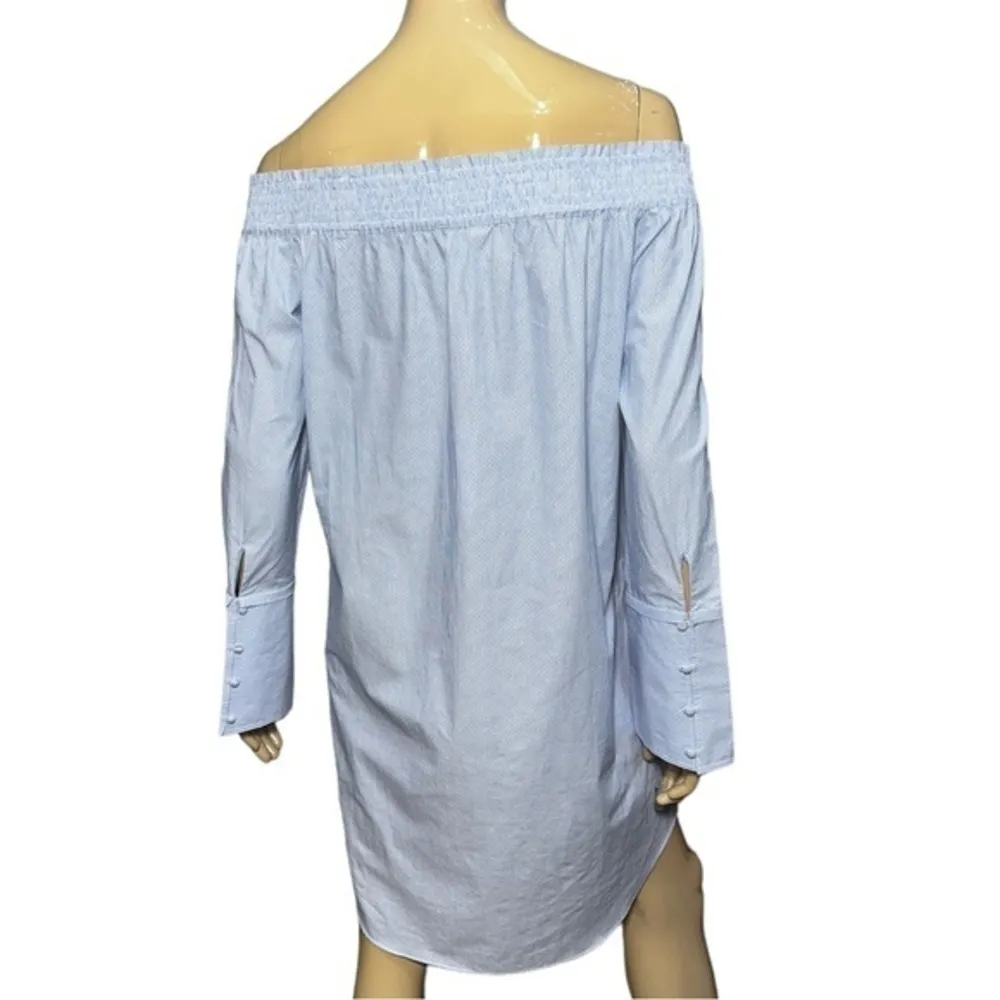 Derek Lam 10 Crosby 10 Blue White Micro Stripe Cotton Oxford Off Shoulder Dress - Image 6