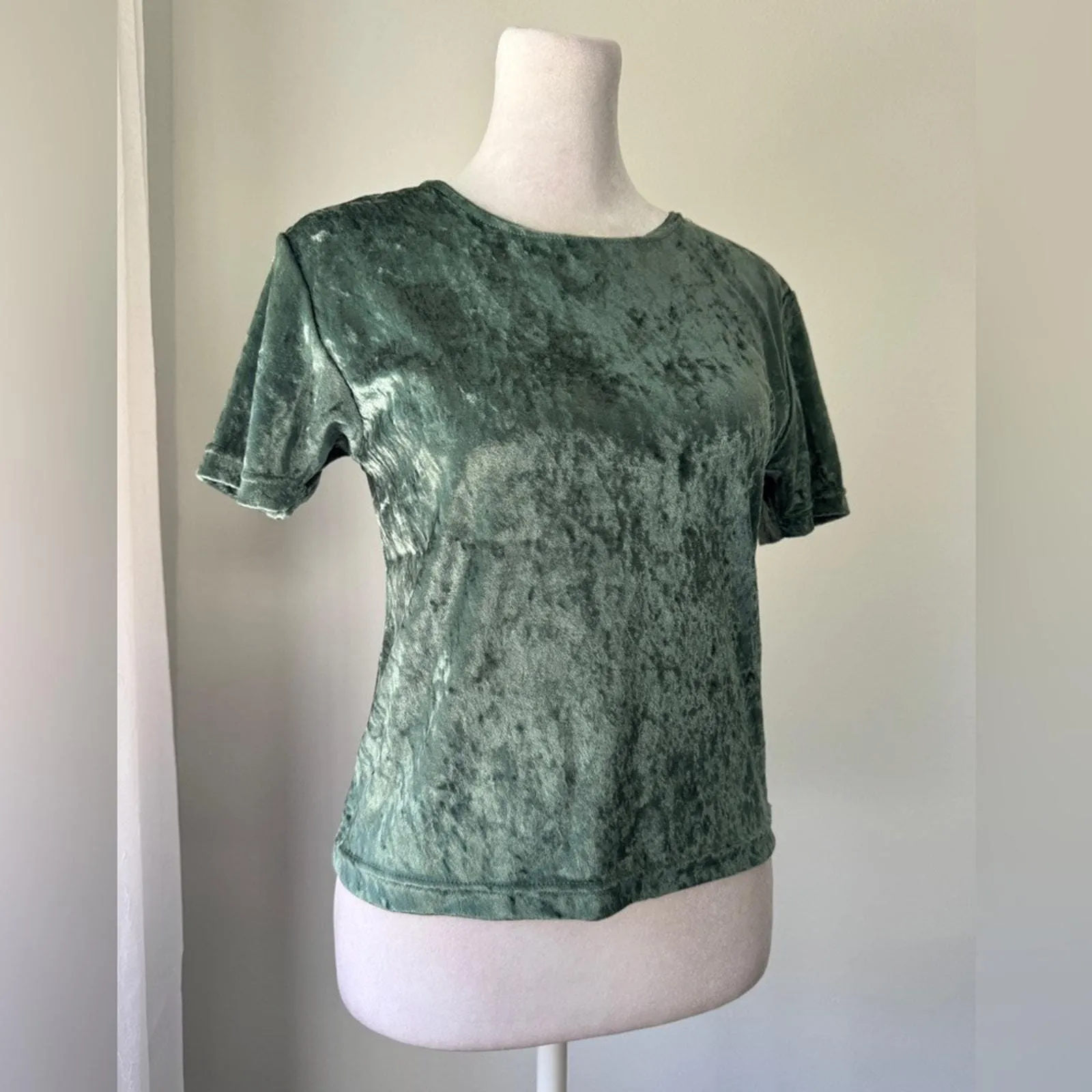 Vintage ‘90s Carreau Sport Light Forest Green Velvet Short Sleeve Blouse - Image 3