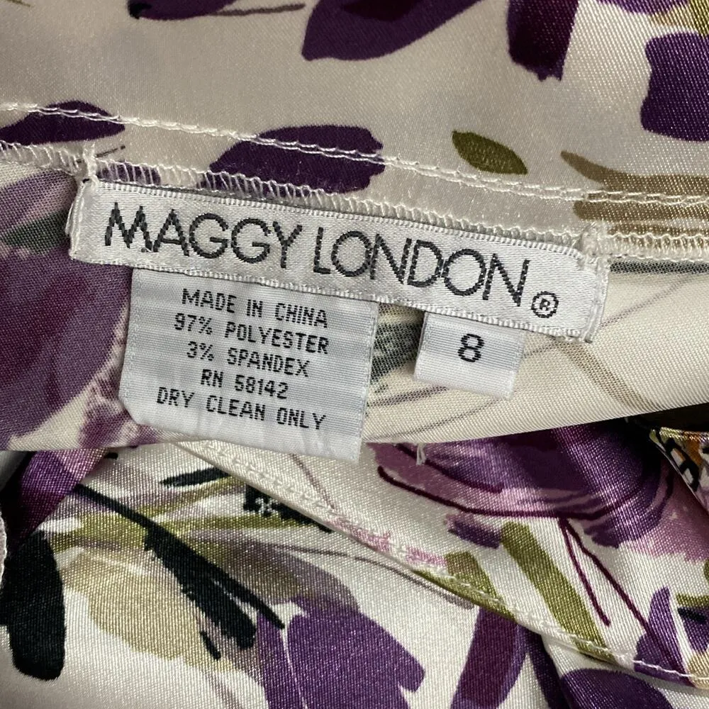 Maggy London Purple Floral Satiny Dress Women’s Size 8 Preppy Romantic Church - Image 9