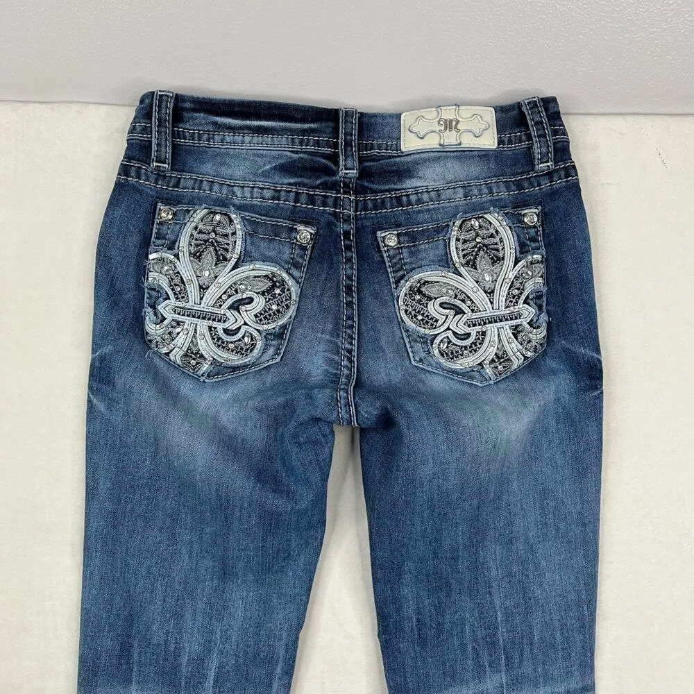 Miss Me Dark Wash Mid Rise Easy Straight Fleur De Lis Back Pocket Design Siz 26 - Image 3