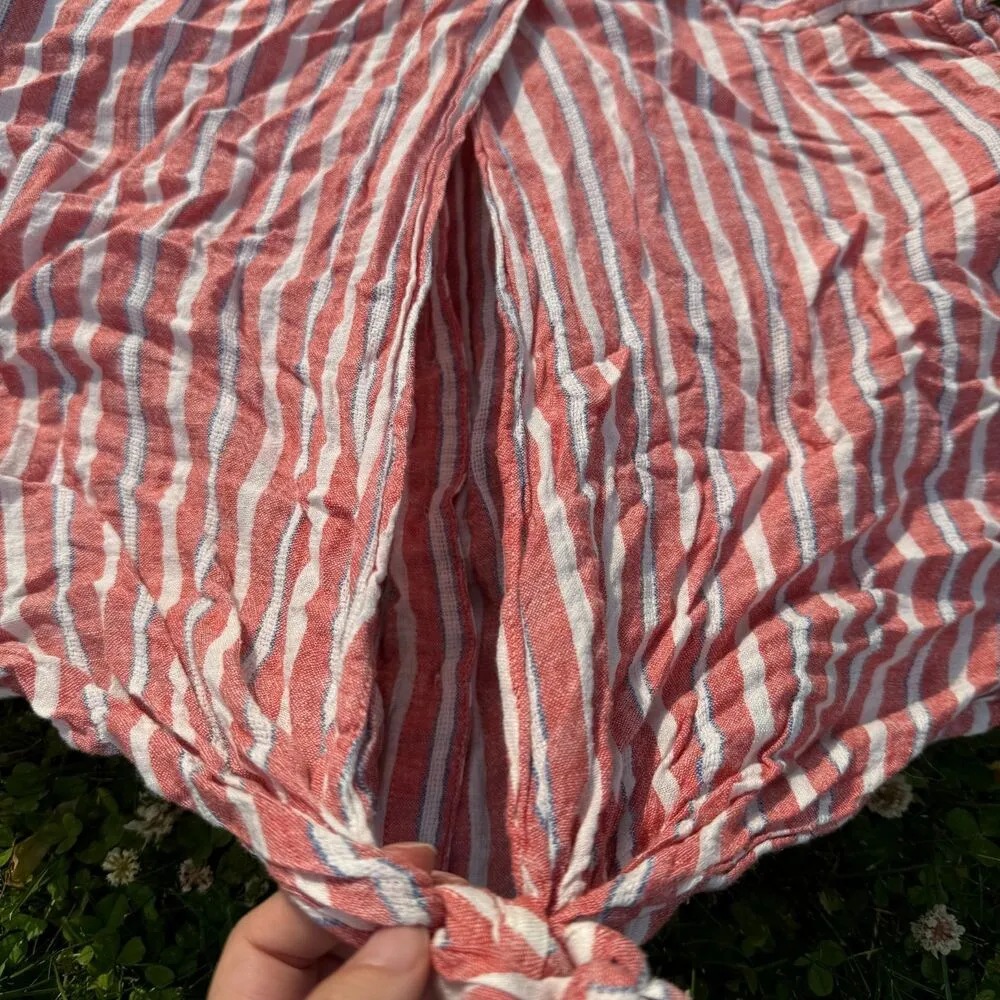 Lucky Brand Pink White Striped Collared Short Sleeve Tie Hem Linen Top Size S - Image 7