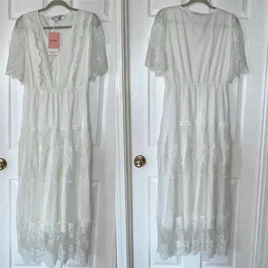 JJ's House Flower‎ Ruffle V-Neck A-line Lace Maxi Dress # 288443 White Large NEW - Image 3