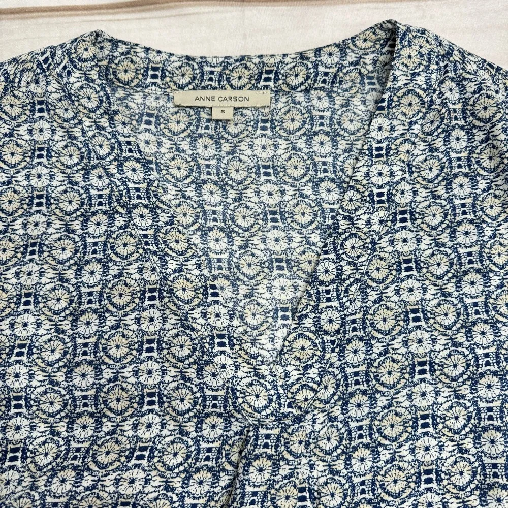 Anne Carson Blue White & Beige Medallion Print Semi Sheer Long Sleeve Blouse - Image 7