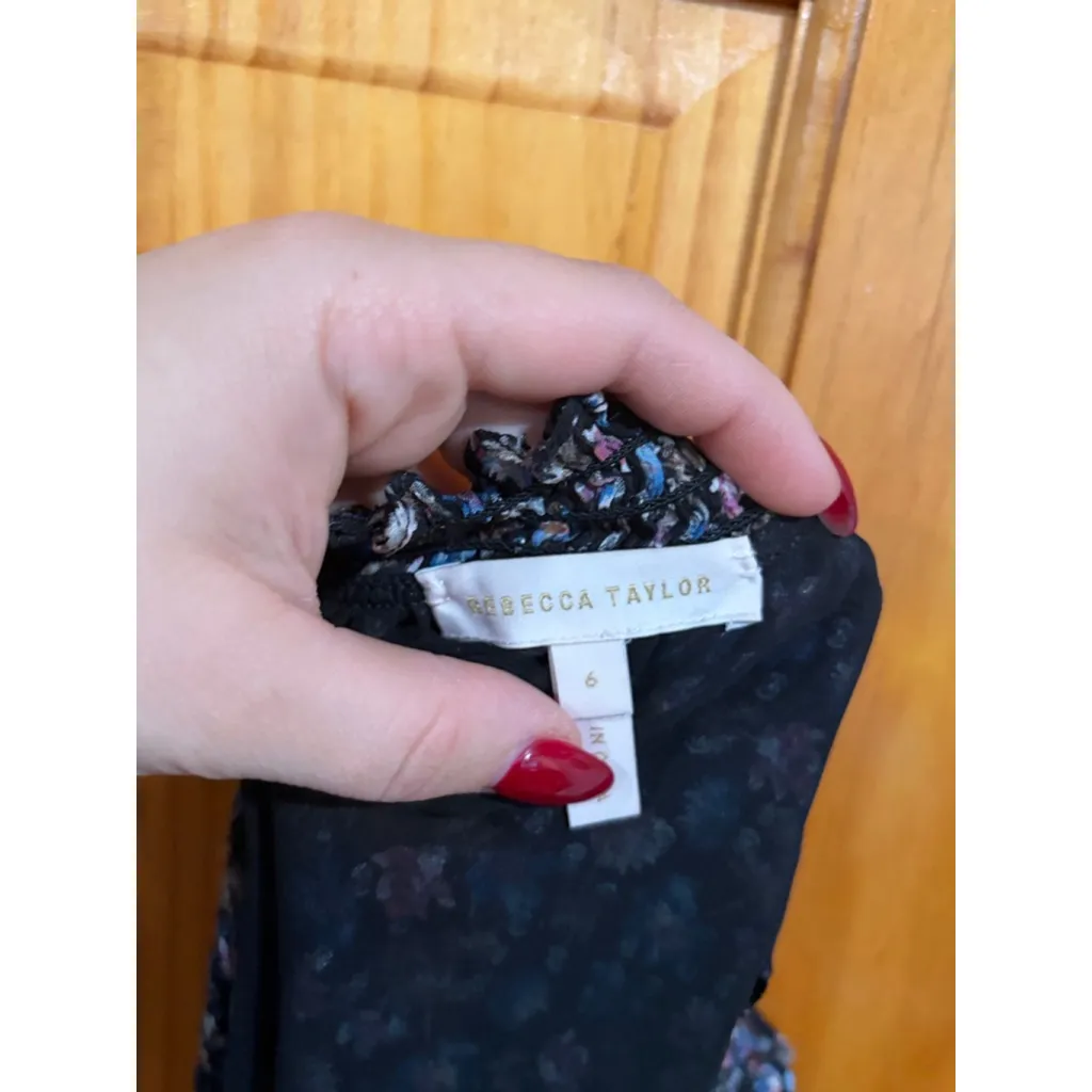 Rebecca Taylor Silk Floral Sleeveless Top Smocked Neck Blouse Black Size 6 - Image 4