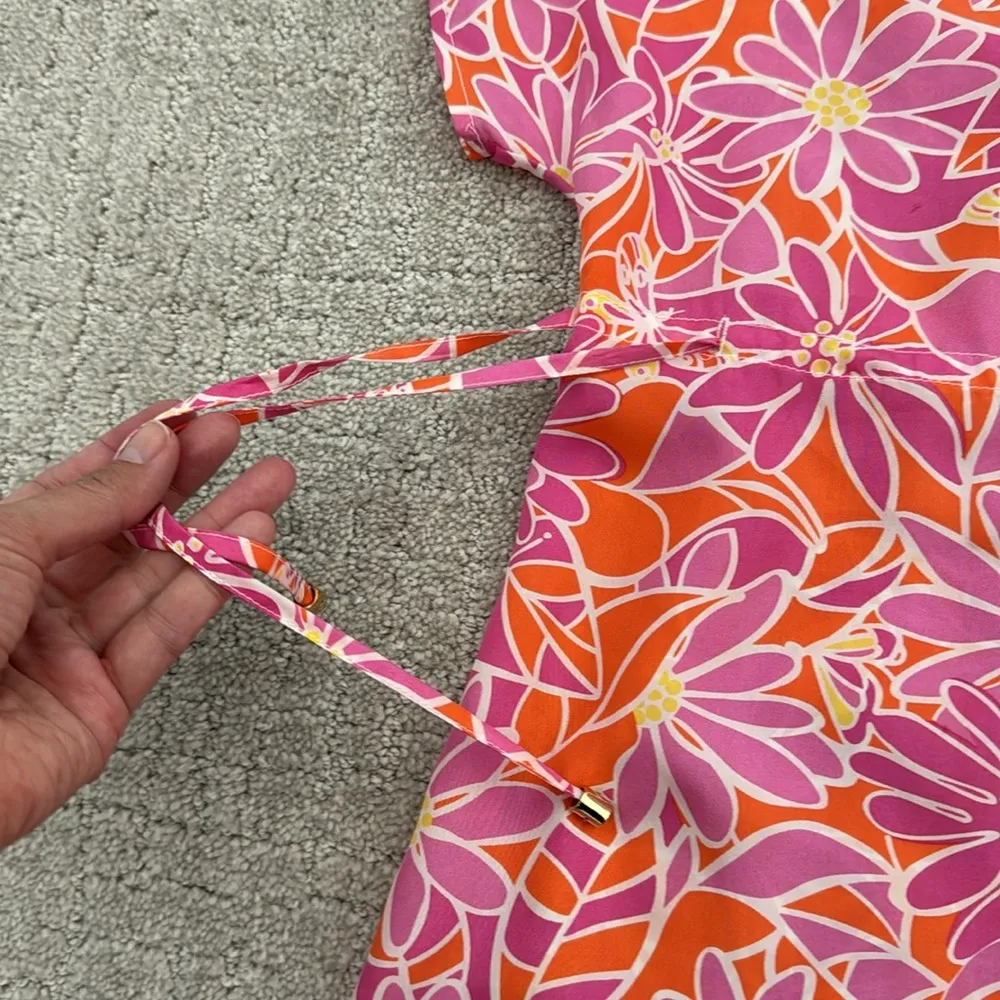 Lilly Pulitzer 100% silk floral print caftan muumuu coverup dress mini tie waist - Image 3