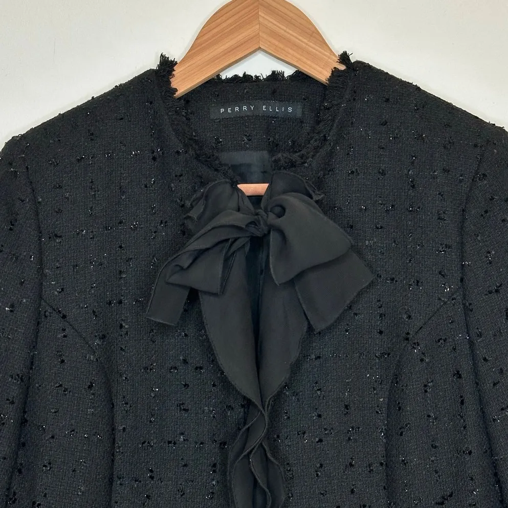Perry Ellis women's black silver tweed boucle jacket sheer bow & trim size 8 - Image 3