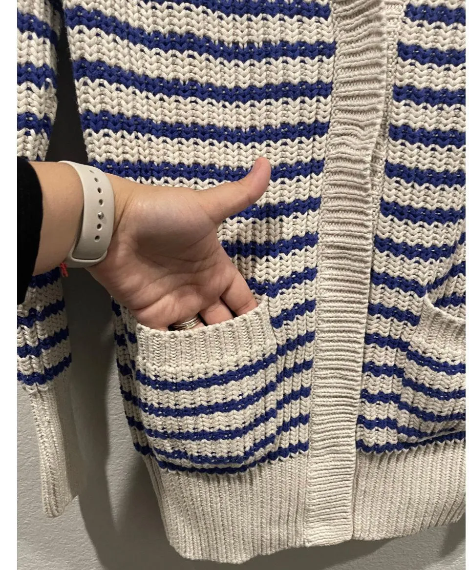 J.CREW Ripplestitch Striped Blue Cream Chunky Sweater Cardigan - Image 3