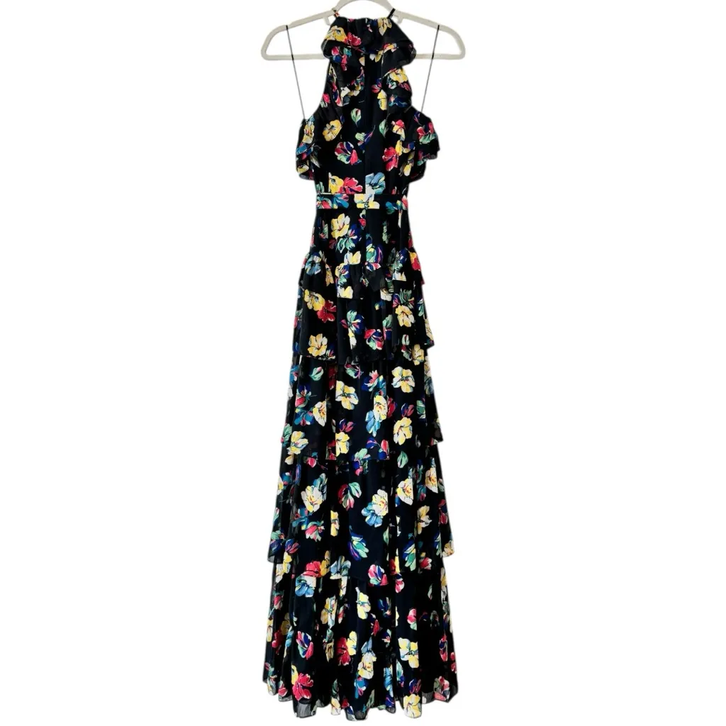 Lauren Ralph Lauren Ruffle-Trim Georgette Halter Gown Black Multi Floral XS NWT - Image 4
