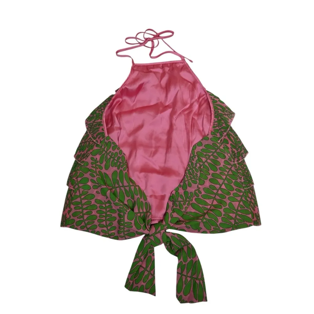 Trina Turk Womens Large Petal Print Plissé Ruffle Halter Top in Pink Dawn NEW - Image 3