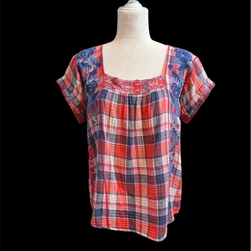 Johnny Was Workshop Zelda Mexican Plaid Embroidered Short Sleeve Red/Blue/White - Image 3