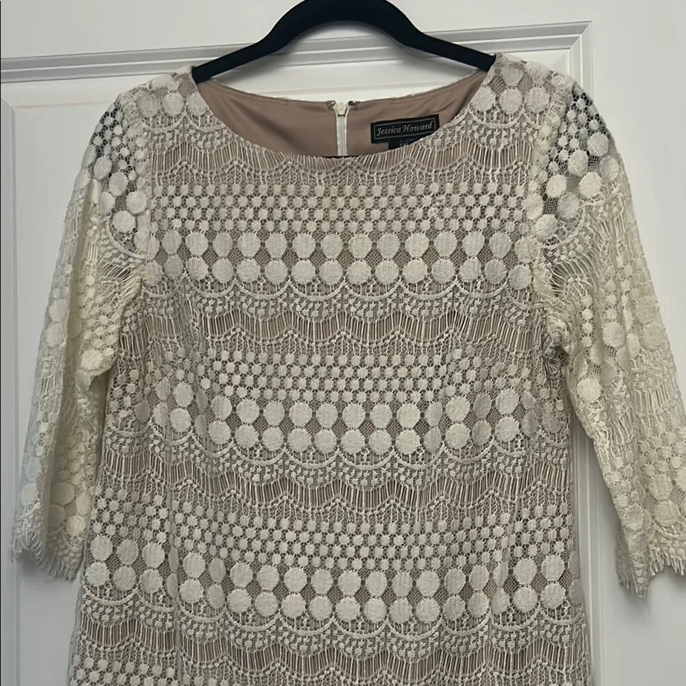 Jessica Howard Cream Sheath Dress 3/4 Sleeve Crew Neck - Image 2