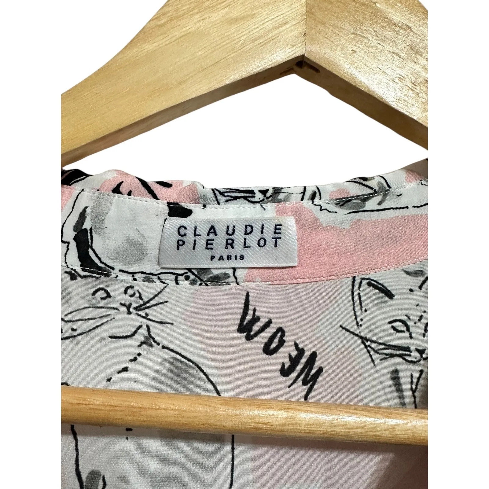 Claudie Pierlot Paris Cat Print Midi Dress Pink Button Down EU 40 $410‎ Size 8 - Image 4