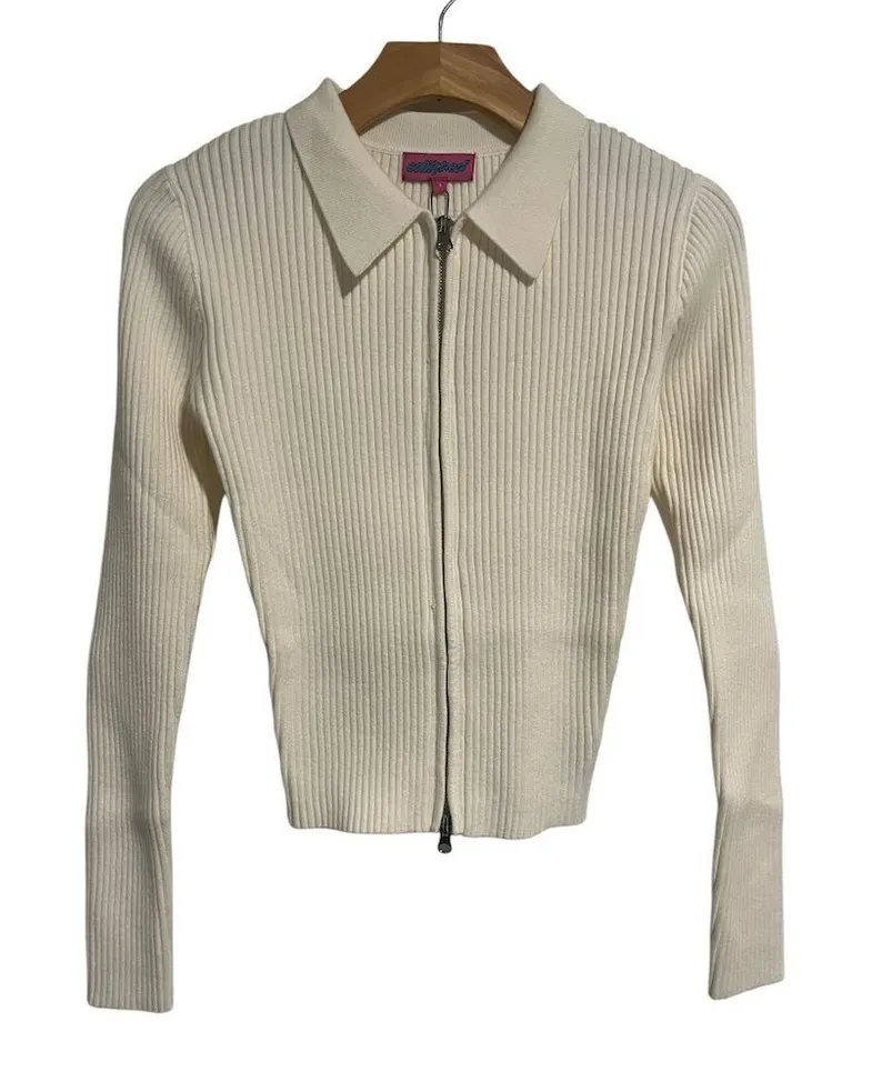 Edikted Ribbed Knit Cardigan Sweater Womens Size S Cream Collared Double Zip NEW - Image 1