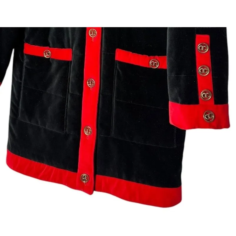 Vintage 80s Cattiva Velvet Quilted Coat Black Red Trim Gold Buttons Sz Small - Image 8