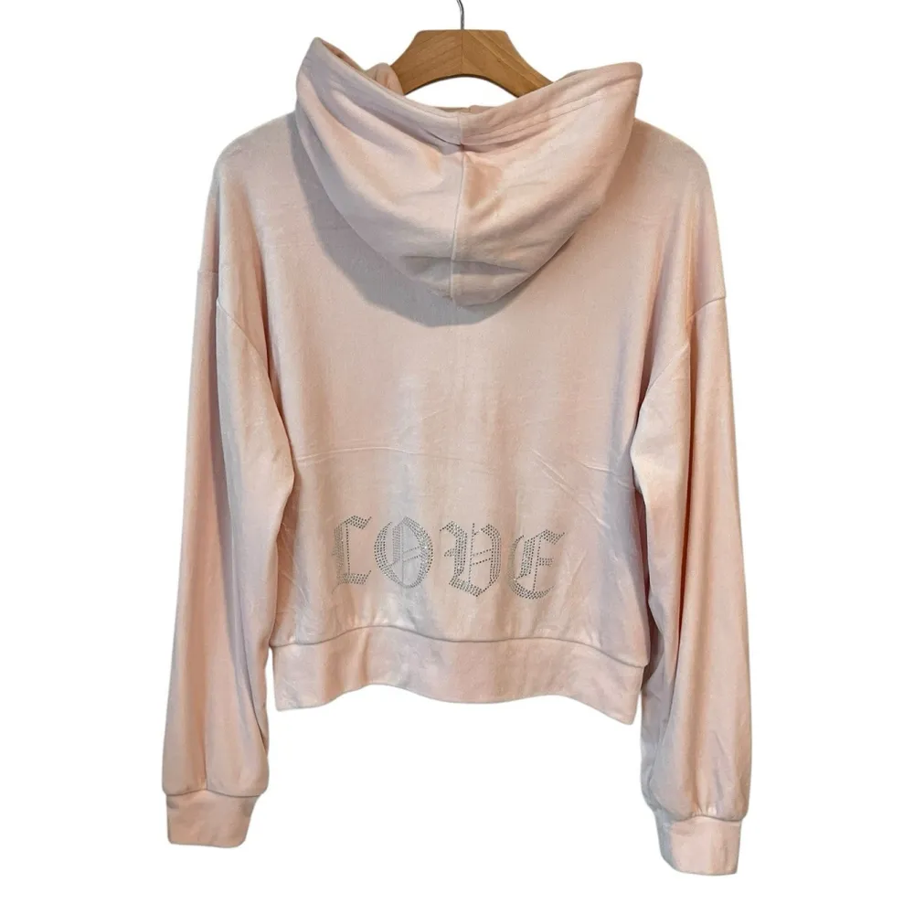 Refuge Hoodie Jacket Womens M Pink Velour Velvet Full Zip Rinestone LOVE NEW - Image 13