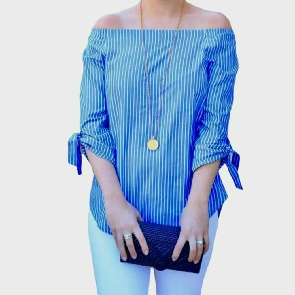 J. McLaughlin Natasha Top Medium Blue White Striped Off Shoulder Nautical Tie - Image 2