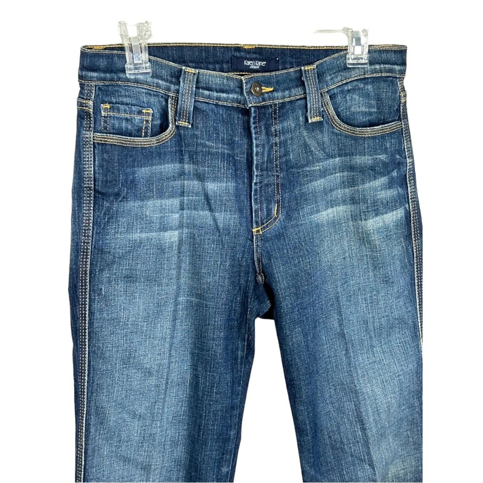 Karen Kane Dark Wash Straight Leg Jeans Yellow Stitching USA Made Size 6 - Image 12