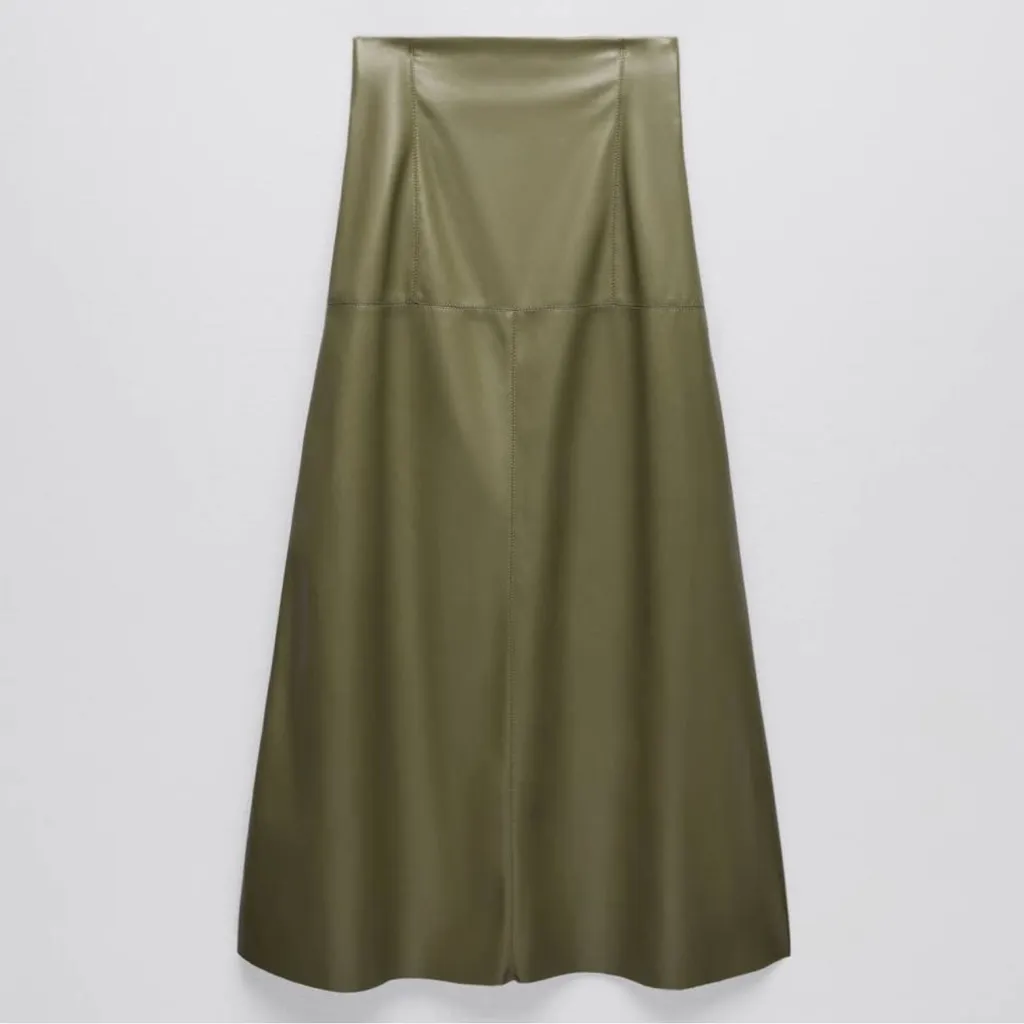 Zara Faux Leather Midi Skirt olive green patchwork flare a line long blogger - Image 2