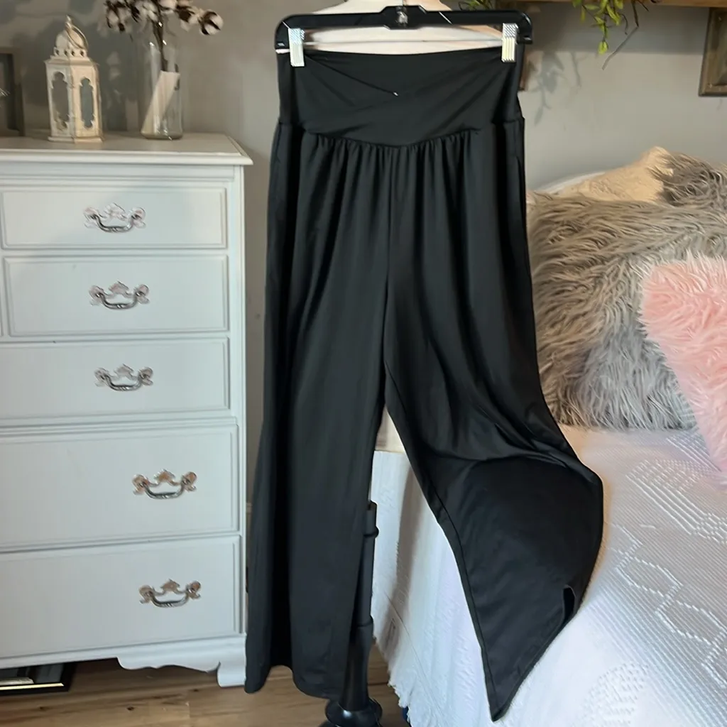 Wide Leg Pants Cross Over Waist Black Silky Stretchy Womens Medium Yoga - Image 5