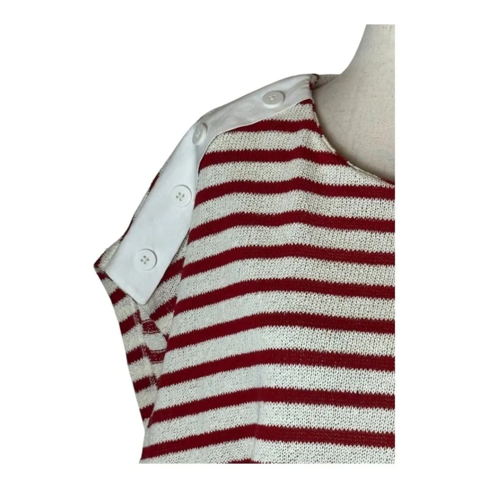 Zara Shirt Women Medium Red White Striped Knit Button Shoulder Top‎ Coastal - Image 5