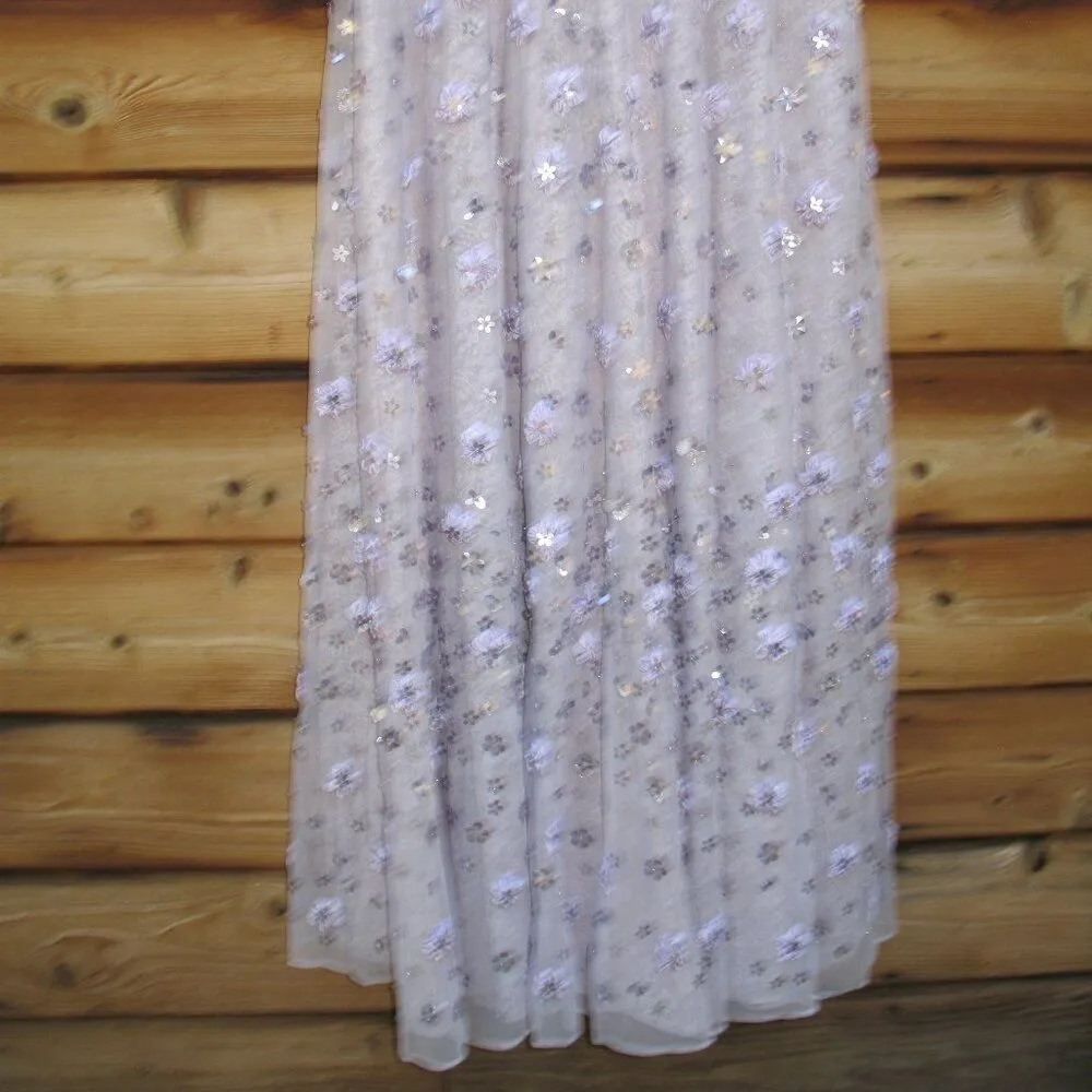 Mac Duggal Purple Floral Applique Puff Sleeve High Neck A - Image 9