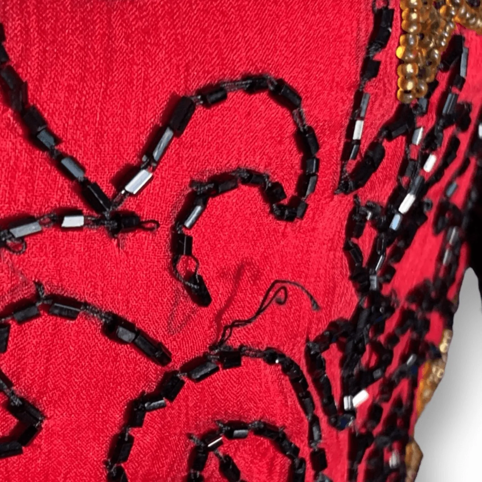 Vintage Papell Boutique Blouse Red Black Silk Embellished Metallic Floral Design - Image 8