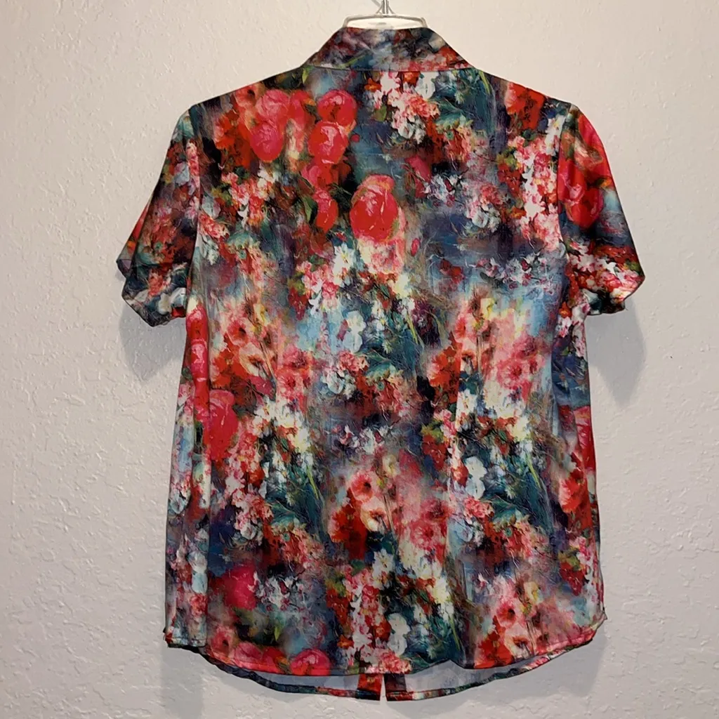 Watercolor floral garden print shirt with short sleeves Shang Shi boho Size XL - Image 4