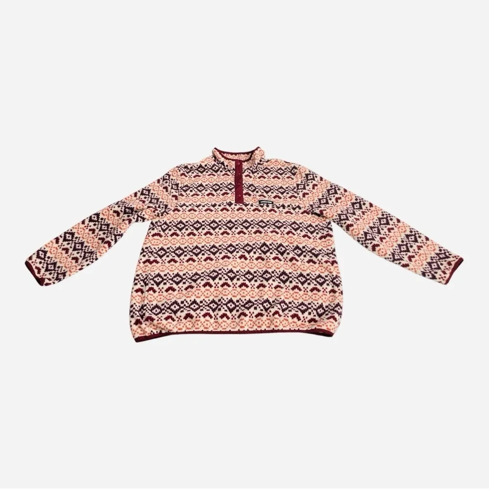 Lands End Heritage Quarter Snap Fleece Pullover Large Burgundy Orange Fair Isle - Image 5