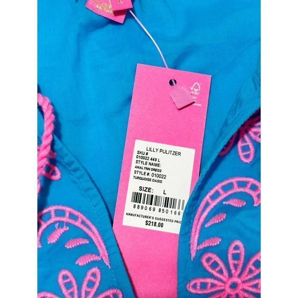 Lilly Pulitzer Analynn Tunic Dress Turquoise Oasis Blue Womens V Neck Pink Large - Image 2