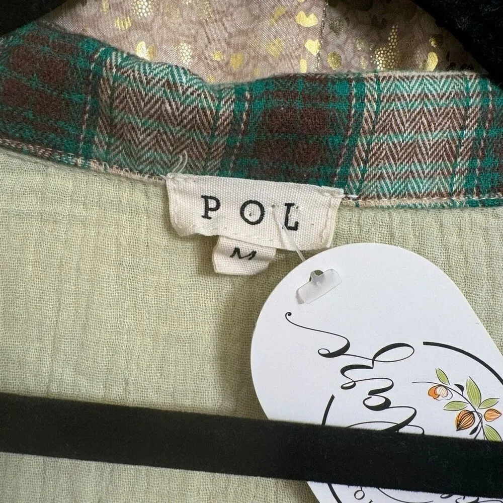 POL Green Boho Button Up Plaid Short Sleeve Romper Medium NWT - Image 3