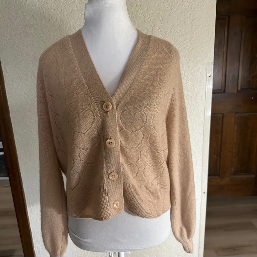 Filoro Pointelle Heart 2 Ply 100%‎ Cashmere Cardigan Honey Size Small Swe… Tan - Image 12