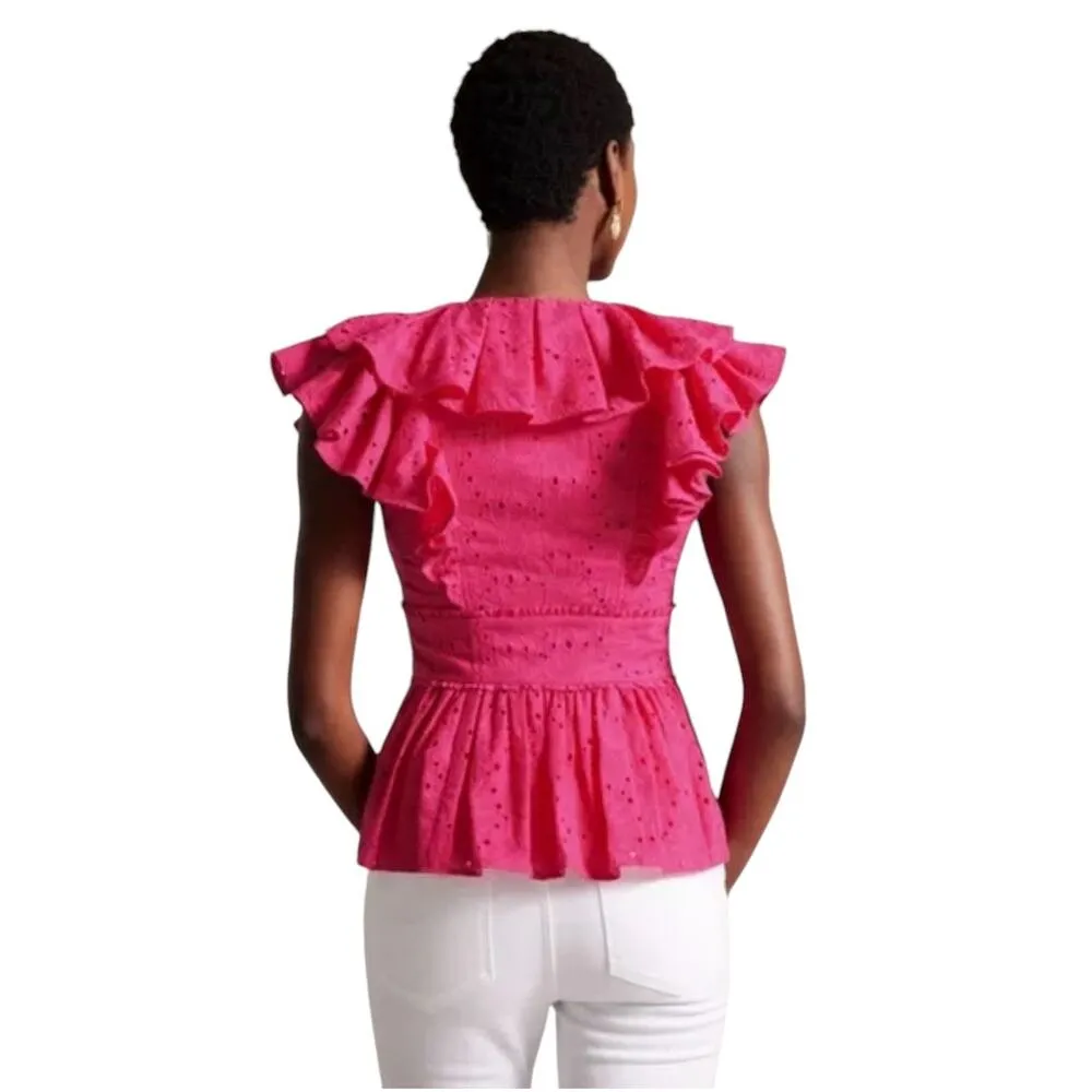 NWT! Ted Baker Mazieh Broderie Peplum Top in Bright Pink - Size 2  (US Size 6) - Image 2