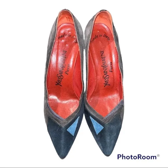 Vintage YSL Suede Colorblock Pumps Heels Gray Size 6.5 - Image 2