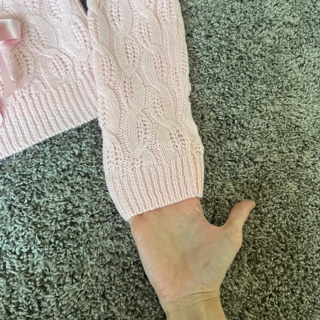 Chic Light Pink Cable Knit Sweater with Ribbon Accents - Image 4
