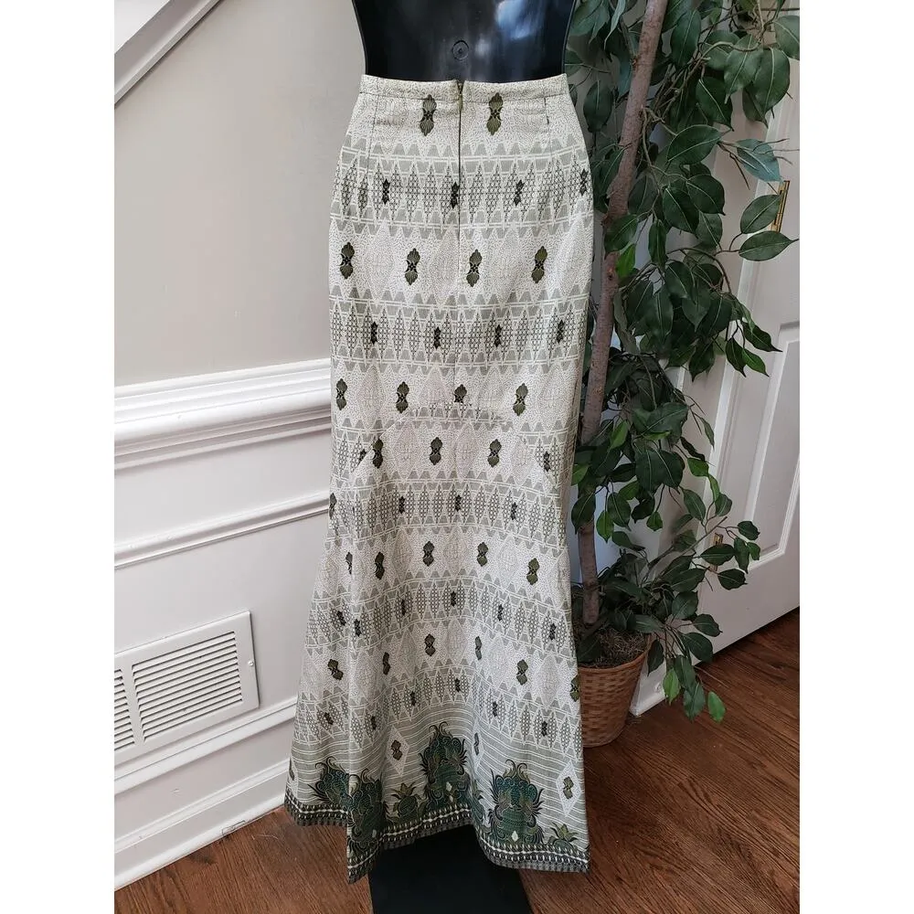 P.J.K Collections 2 Pc Traditional Maxi Dress Skirt Set Small Green Beige - Image 8