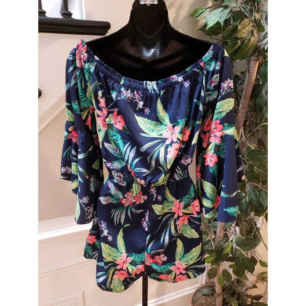 Hint of Blush Women's Off-Shoulder Floral Romper Size M Navy 100% Polyester - Image 7