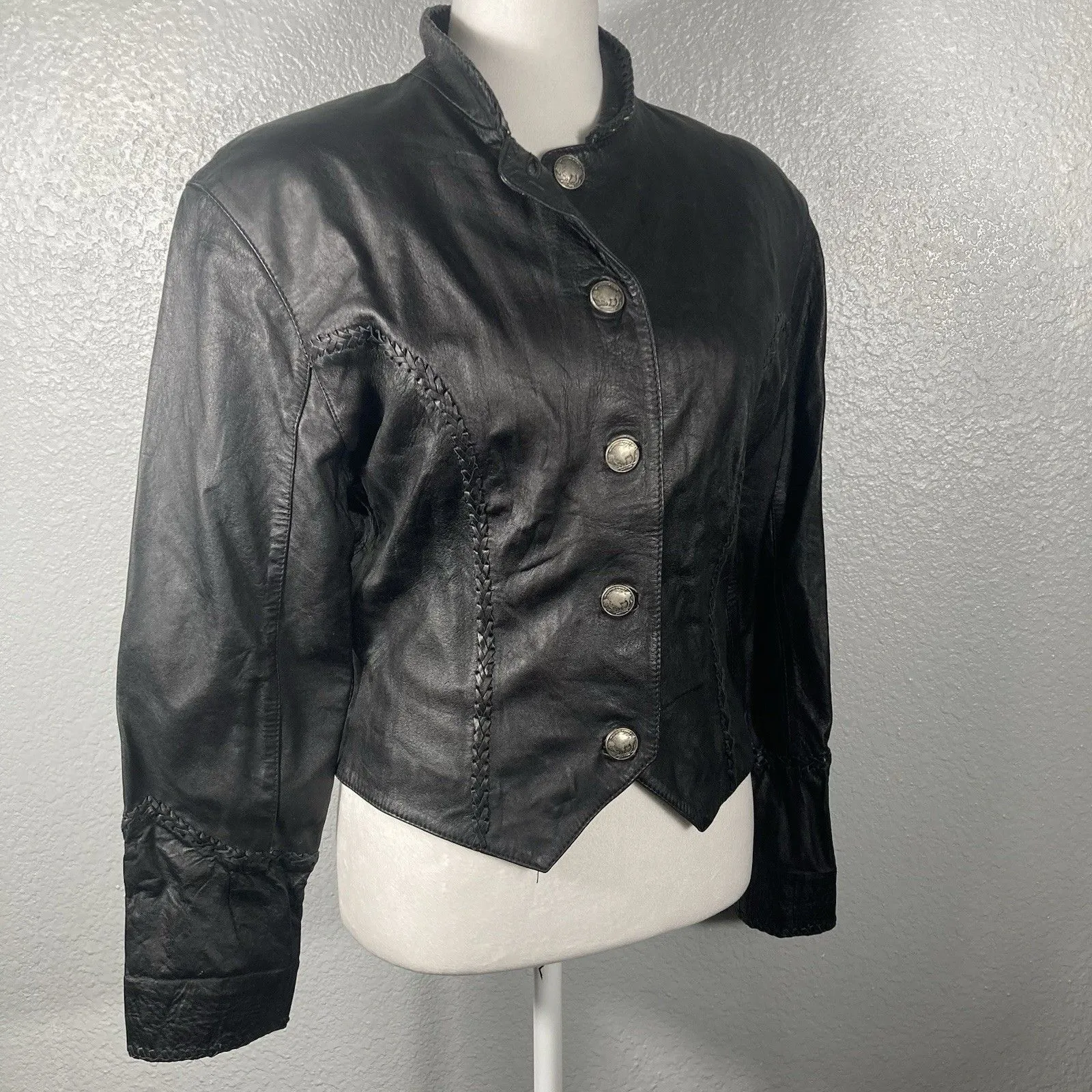Vintage Black Leather Jacket M Buffalo Nickel Buttons Grunge Goth Street 80s 90s Size M - Image 9