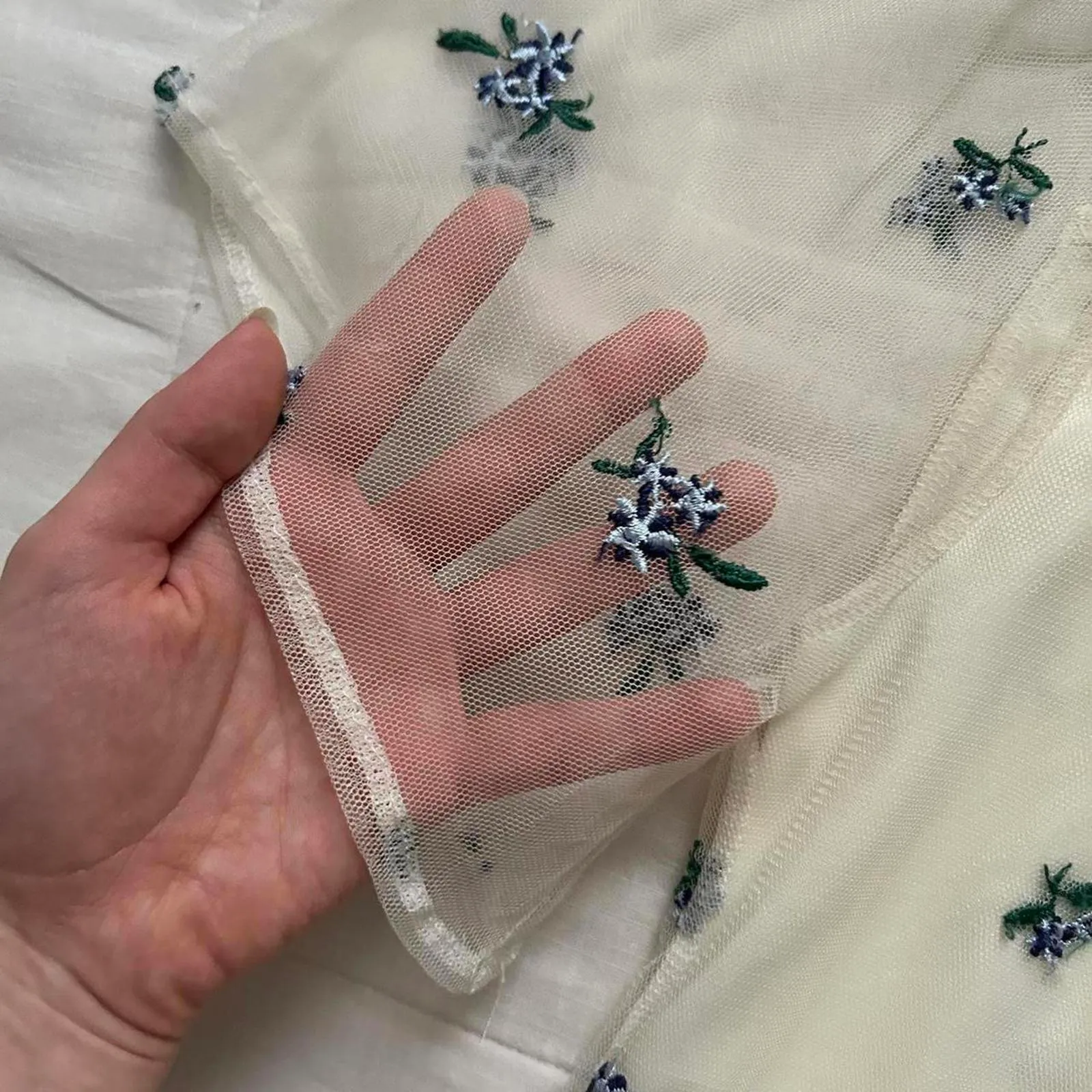 Japanese brand White and blue floral sheer blouse with mesh sleeves size small - Image 4