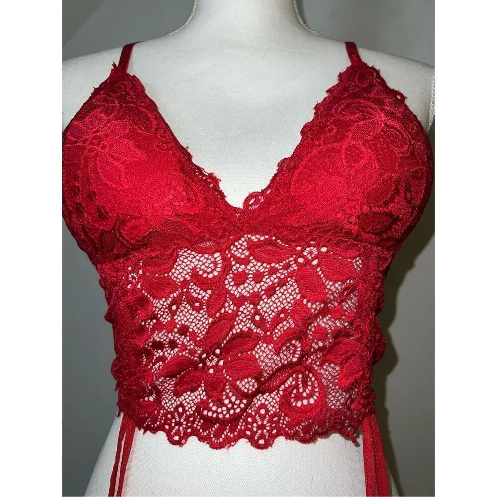 Women’s Red Lace Cropped Costume Lingerie Top Medium Large - Image 5