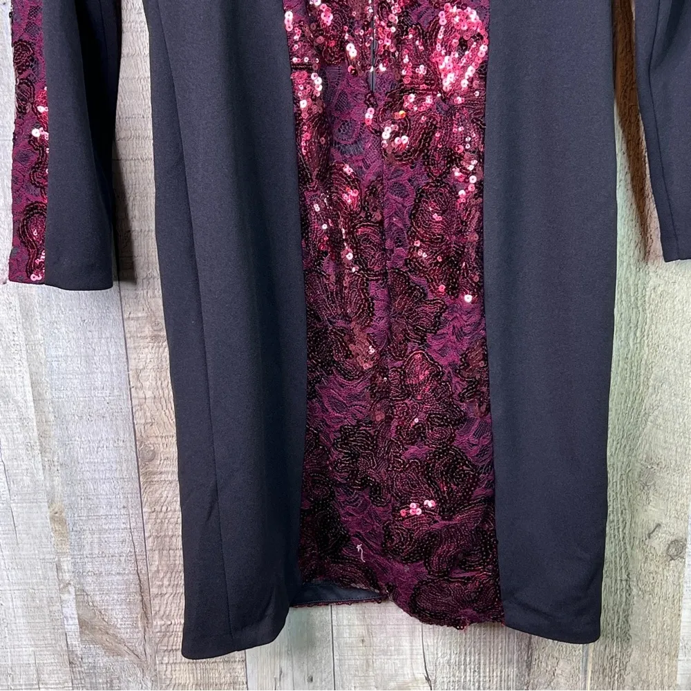 Guess Size 8 Black Mini Burgundy Body Con Sequin Cocktaill Dress Deep V-… - Image 12
