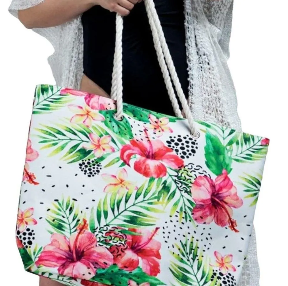 GREEN RED MULTI ABSTRACT & TROPICAL LEAF WITH FLOWER PRINT TOTE BAG - Image 5