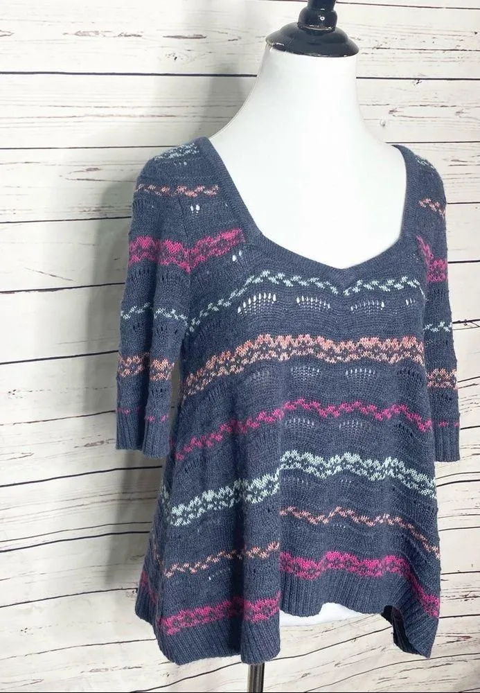 Free People Cropped Keyhole Sweater Top Size Medium Blue Stripe Wool Blend - Image 3